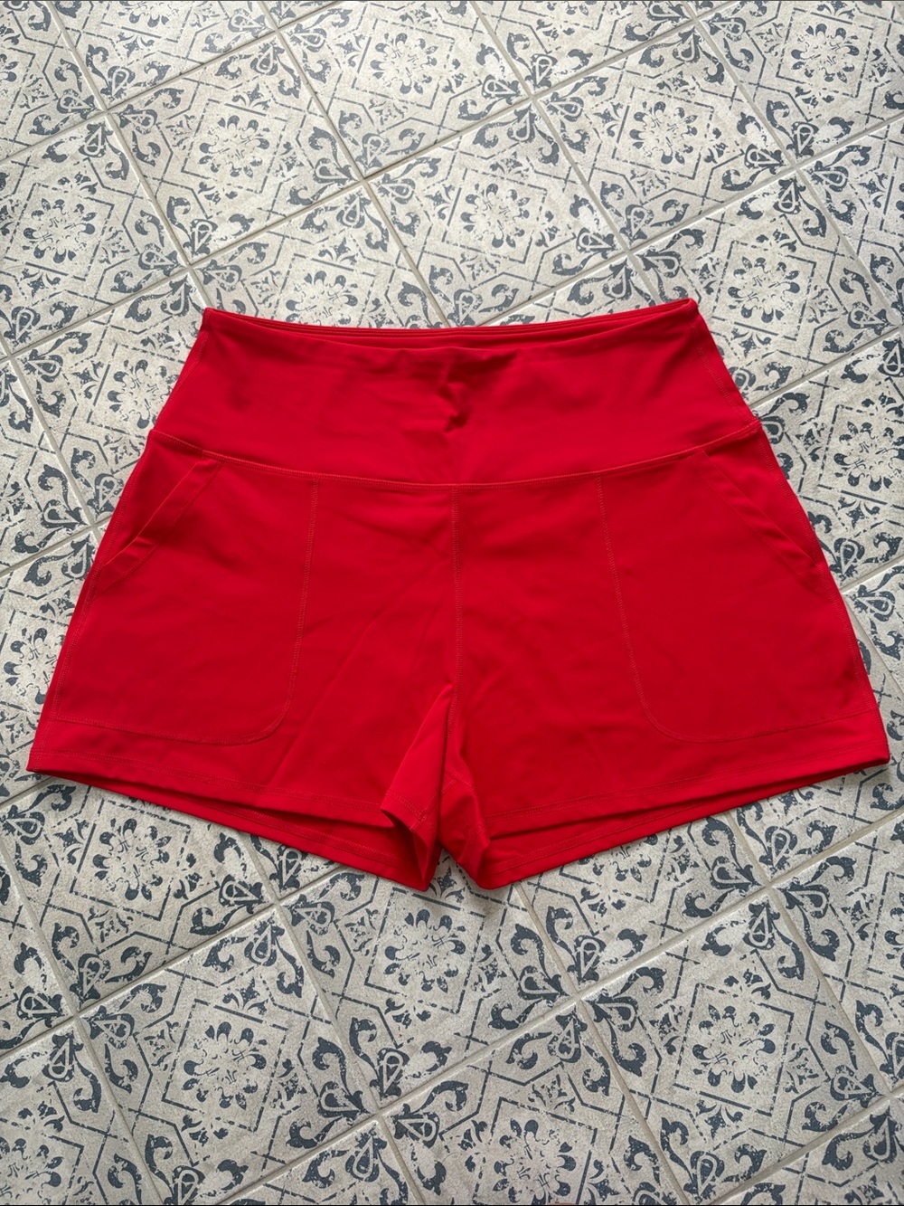 High-Waist Stretchy Red Athletic Shorts with Front Pockets